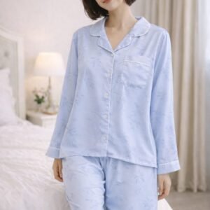 Jacquard Silk Long-Sleeve Pajama Set – Free Size