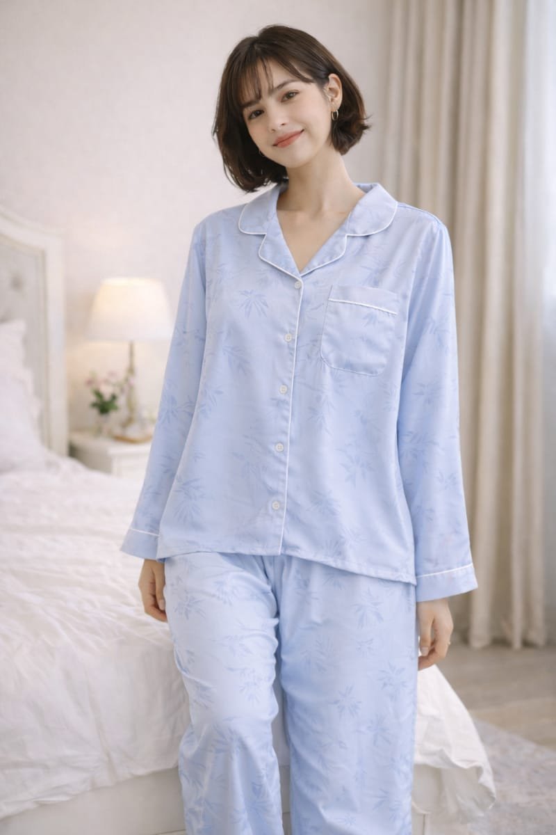 Jacquard Silk Long-Sleeve Pajama Set – Free Size