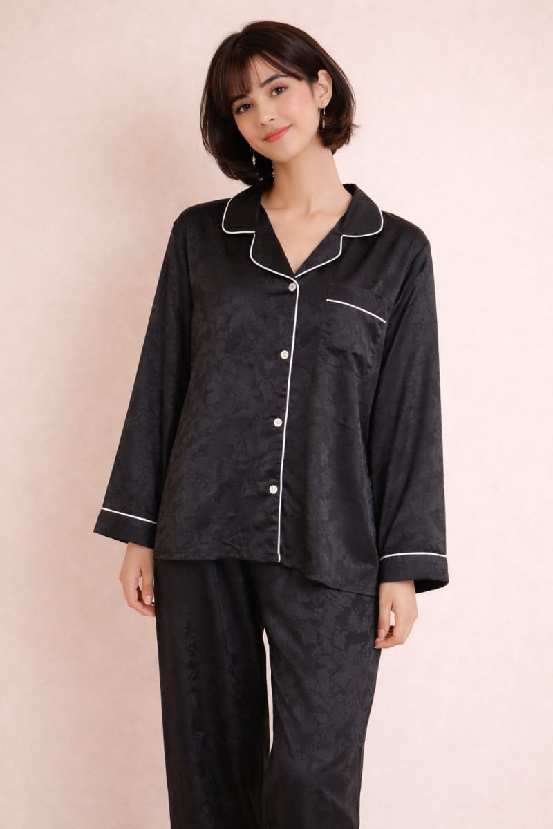 Jacquard Silk Long-Sleeve Pajama Set – Free Size