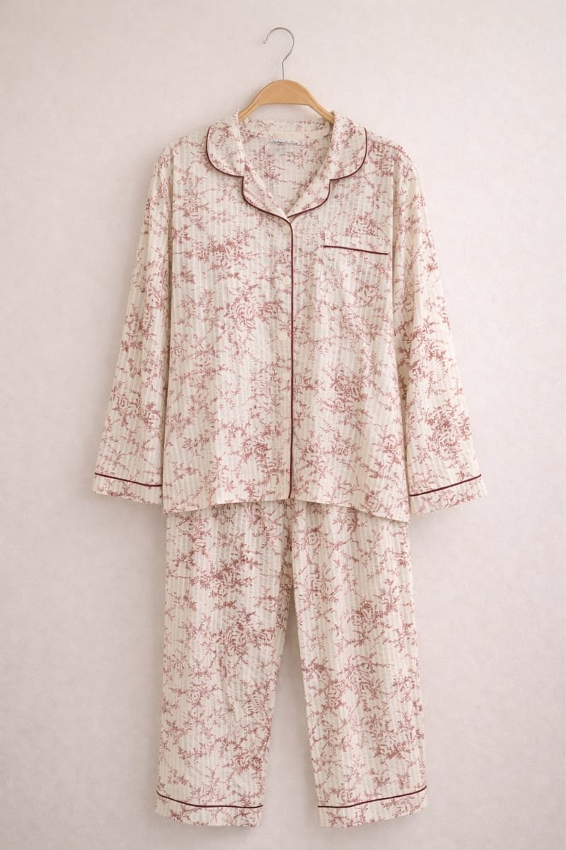 Jacquard Silk Long-Sleeve Pajama Set – Free Size