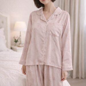 Jacquard Silk Long-Sleeve Pajama Set – Free Size