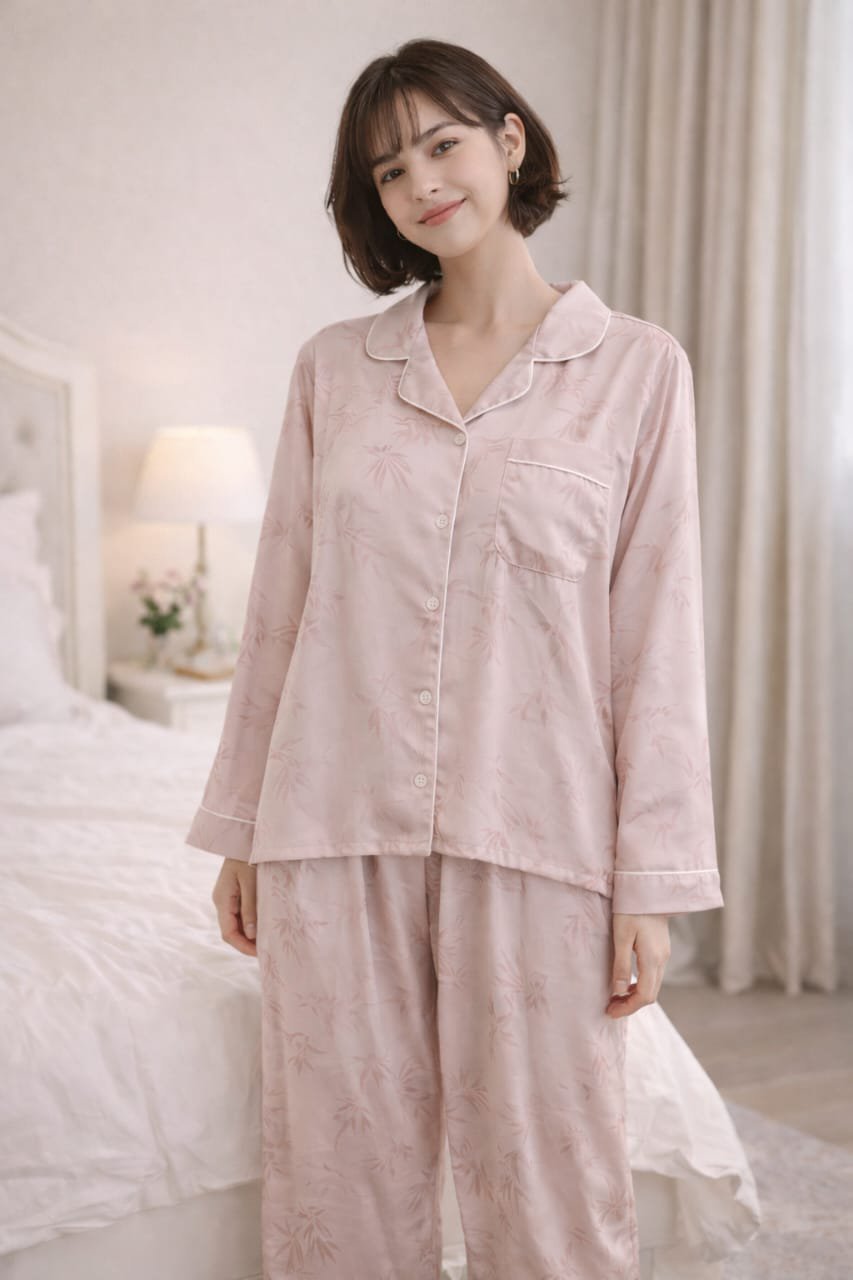 Jacquard Silk Long-Sleeve Pajama Set – Free Size